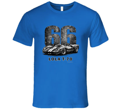  1966 Lola T-70 Can-Am racing t-shirt in royal blue with distressed vintage graphic
