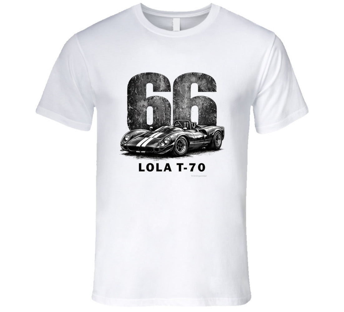 1966 Lola T-70 Can-Am racing t-shirt in white with distressed vintage graphic