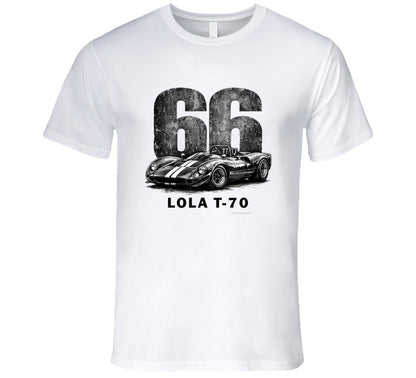 1966 Lola T-70 Can-Am racing t-shirt in white with distressed vintage graphic
