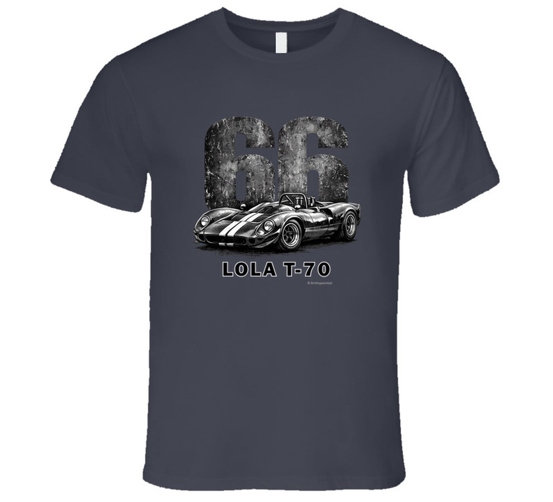  1966 Lola T-70 Can-Am racing t-shirt in charcoal grey with distressed vintage graphic