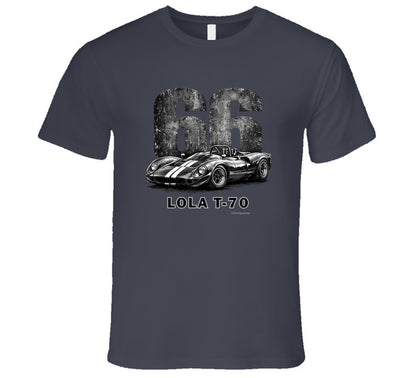  1966 Lola T-70 Can-Am racing t-shirt in charcoal grey with distressed vintage graphic