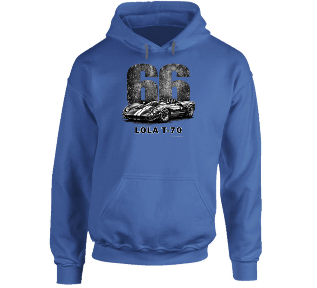 1966 Lola T-70 Can-Am racing Hoodie in royal blue with distressed vintage graphic 