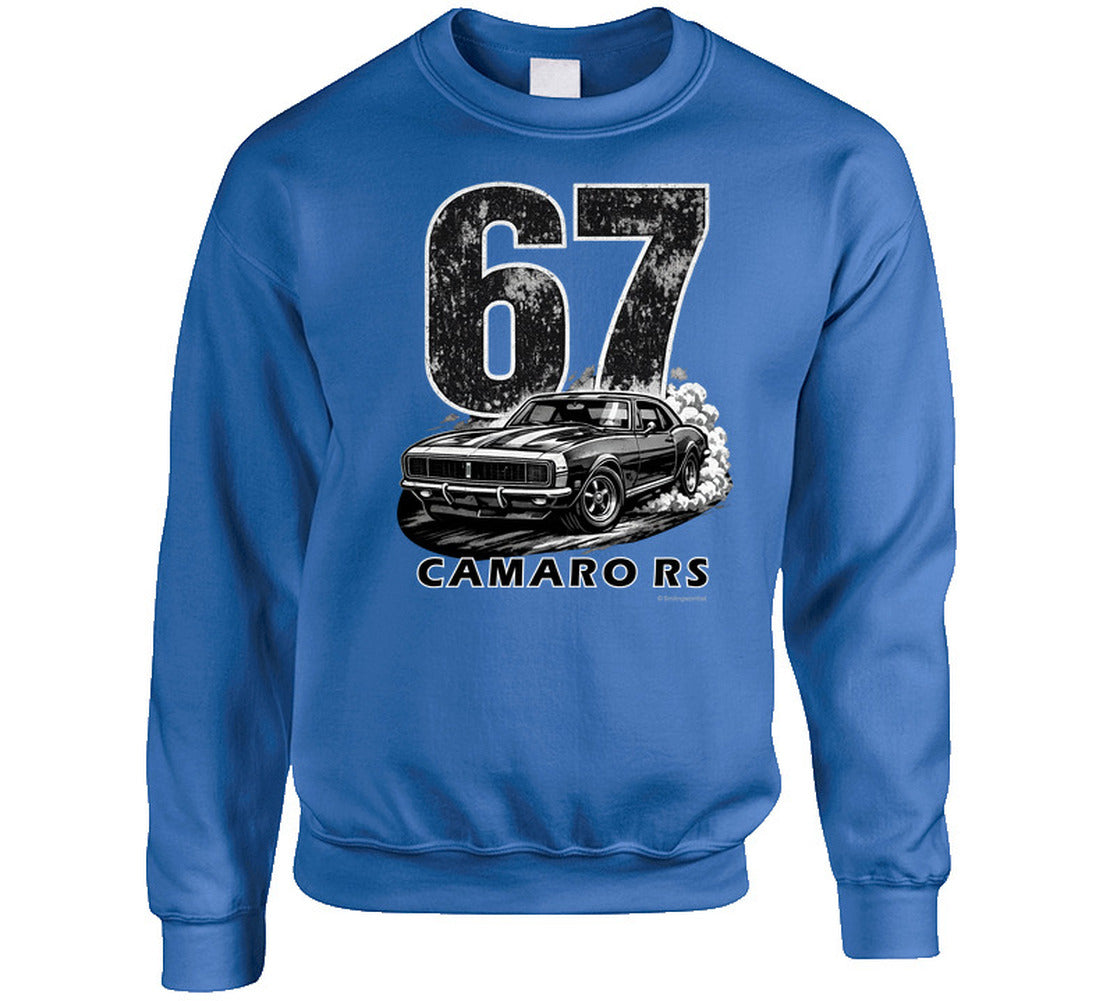 "1967 Camaro RS vintage royal blue sweatshirt with distressed graphics - American muscle car pullover"