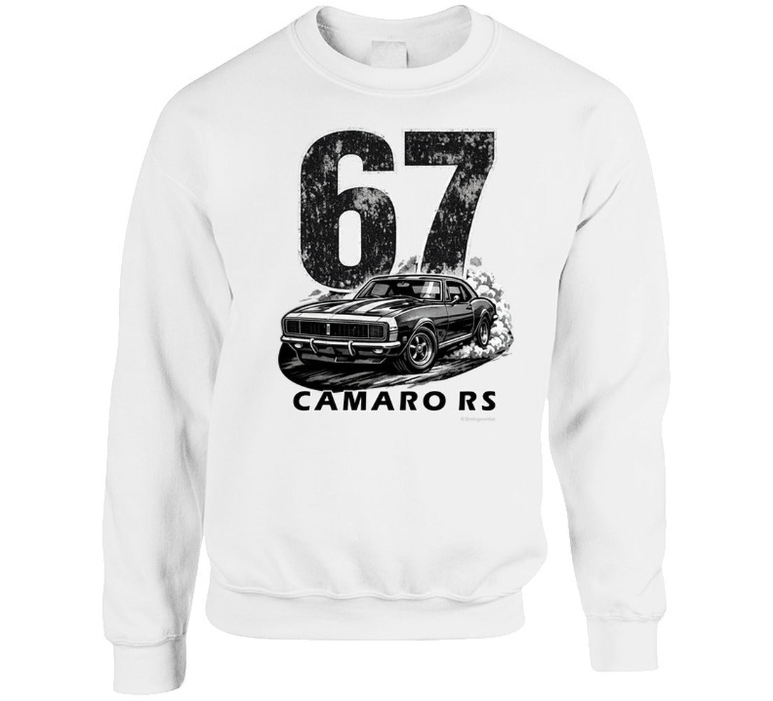  "1967 Camaro RS vintage white sweatshirt with distressed graphics - classic muscle car crewneck"