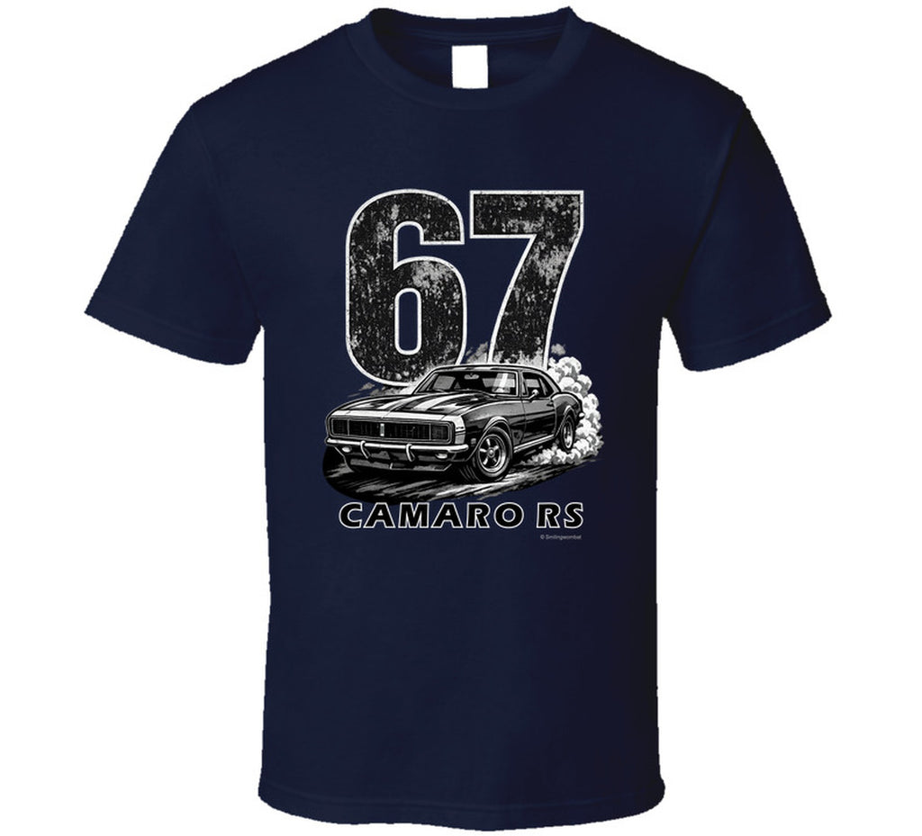 "1967 Camaro RS vintage navy blue t-shirt with distressed graphics - classic car enthusiast apparel"
