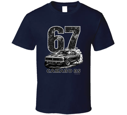 "1967 Camaro RS vintage navy blue t-shirt with distressed graphics - classic car enthusiast apparel"