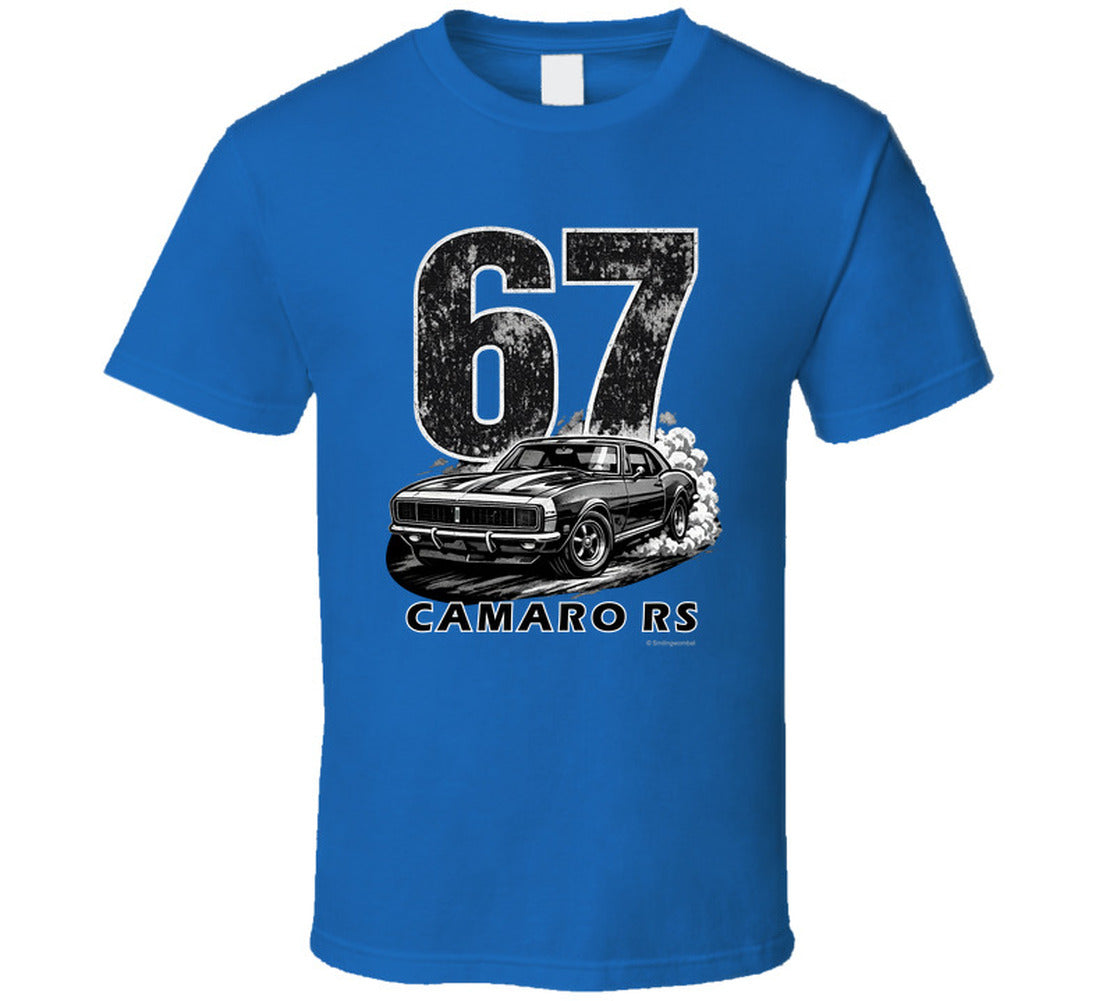  "1967 Camaro RS vintage royal blue t-shirt with distressed graphics - American muscle car shirt"