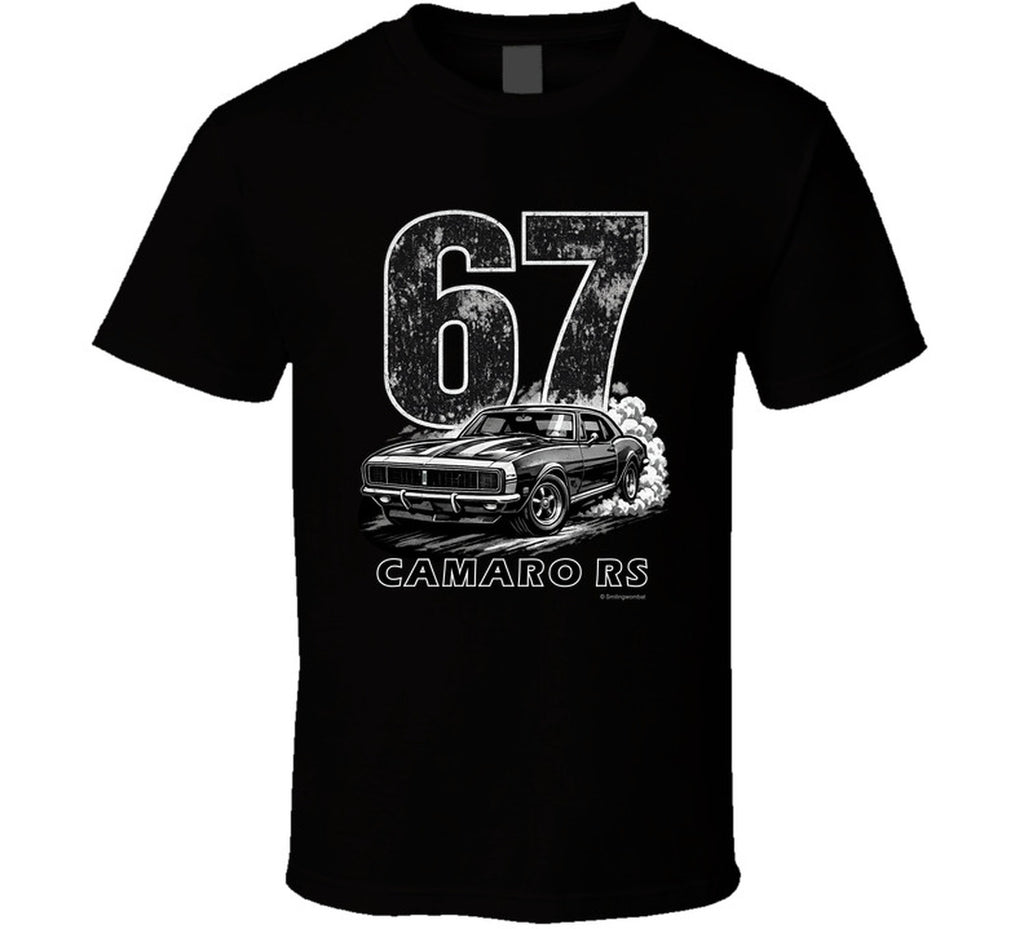 "1967 Camaro RS vintage black t-shirt with distressed graphics - retro muscle car tee"
