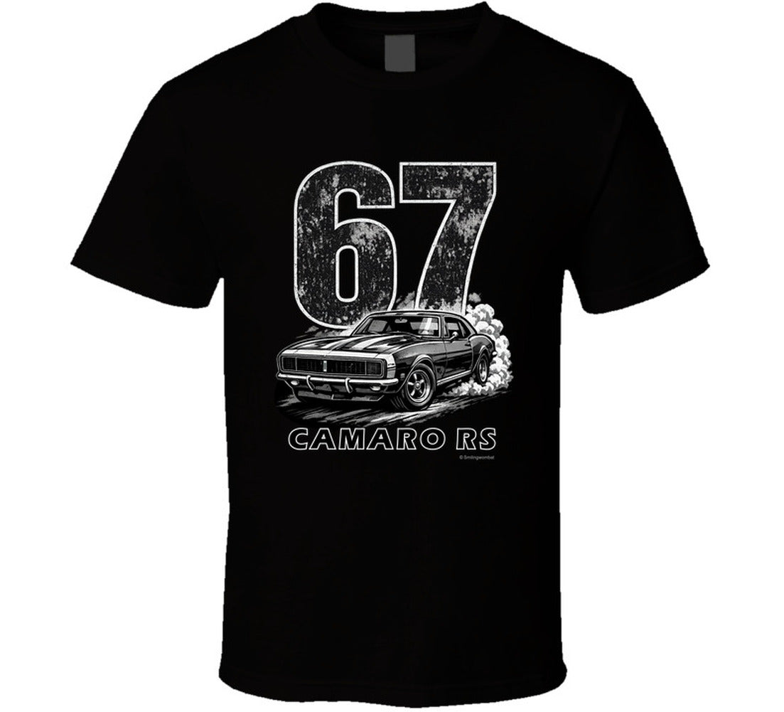 "1967 Camaro RS vintage black t-shirt with distressed graphics - retro muscle car tee"