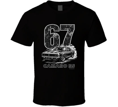"1967 Camaro RS vintage black t-shirt with distressed graphics - retro muscle car tee"