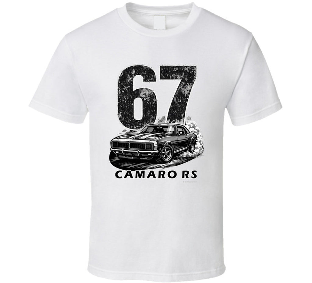 "1967 Camaro RS vintage white t-shirt with distressed black graphics - classic muscle car apparel"