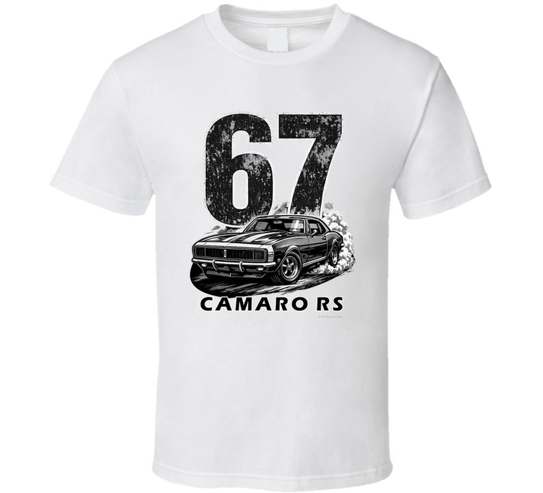 "1967 Camaro RS vintage white t-shirt with distressed black graphics - classic muscle car apparel"