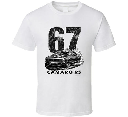 "1967 Camaro RS vintage white t-shirt with distressed black graphics - classic muscle car apparel"