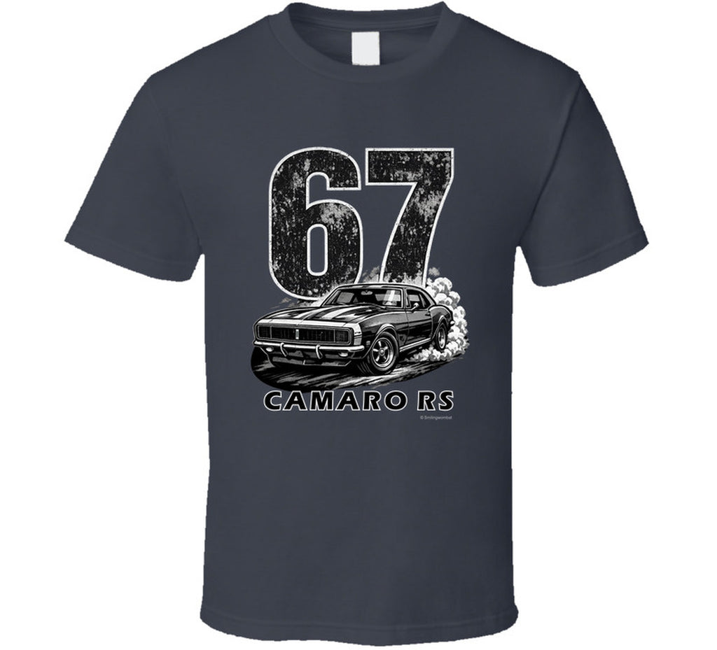 "1967 Camaro RS vintage charcoal grey t-shirt with distressed graphics - retro automotive apparel"
