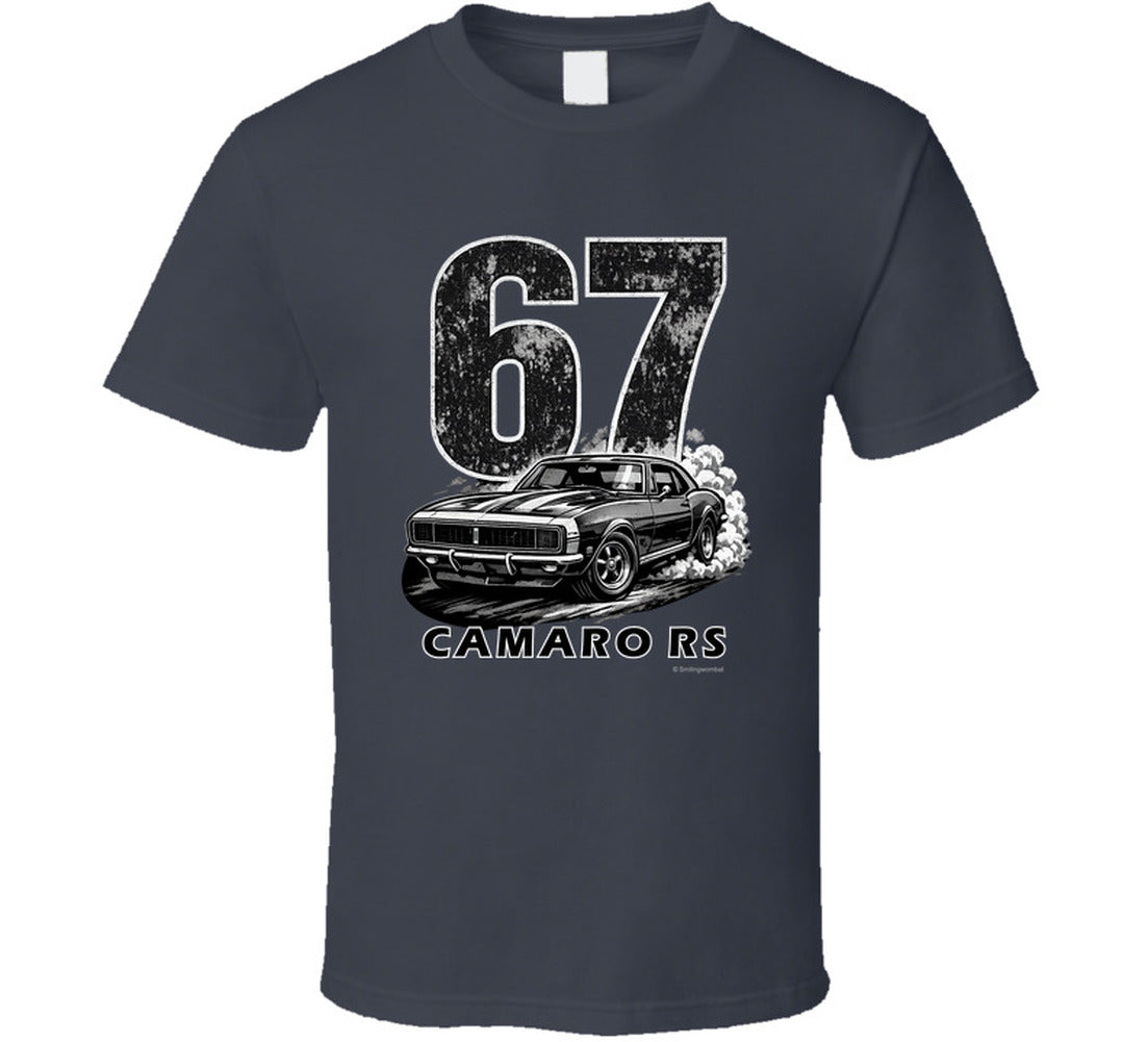 "1967 Camaro RS vintage charcoal grey t-shirt with distressed graphics - retro automotive apparel"