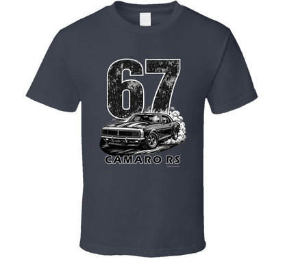 "1967 Camaro RS vintage charcoal grey t-shirt with distressed graphics - retro automotive apparel"