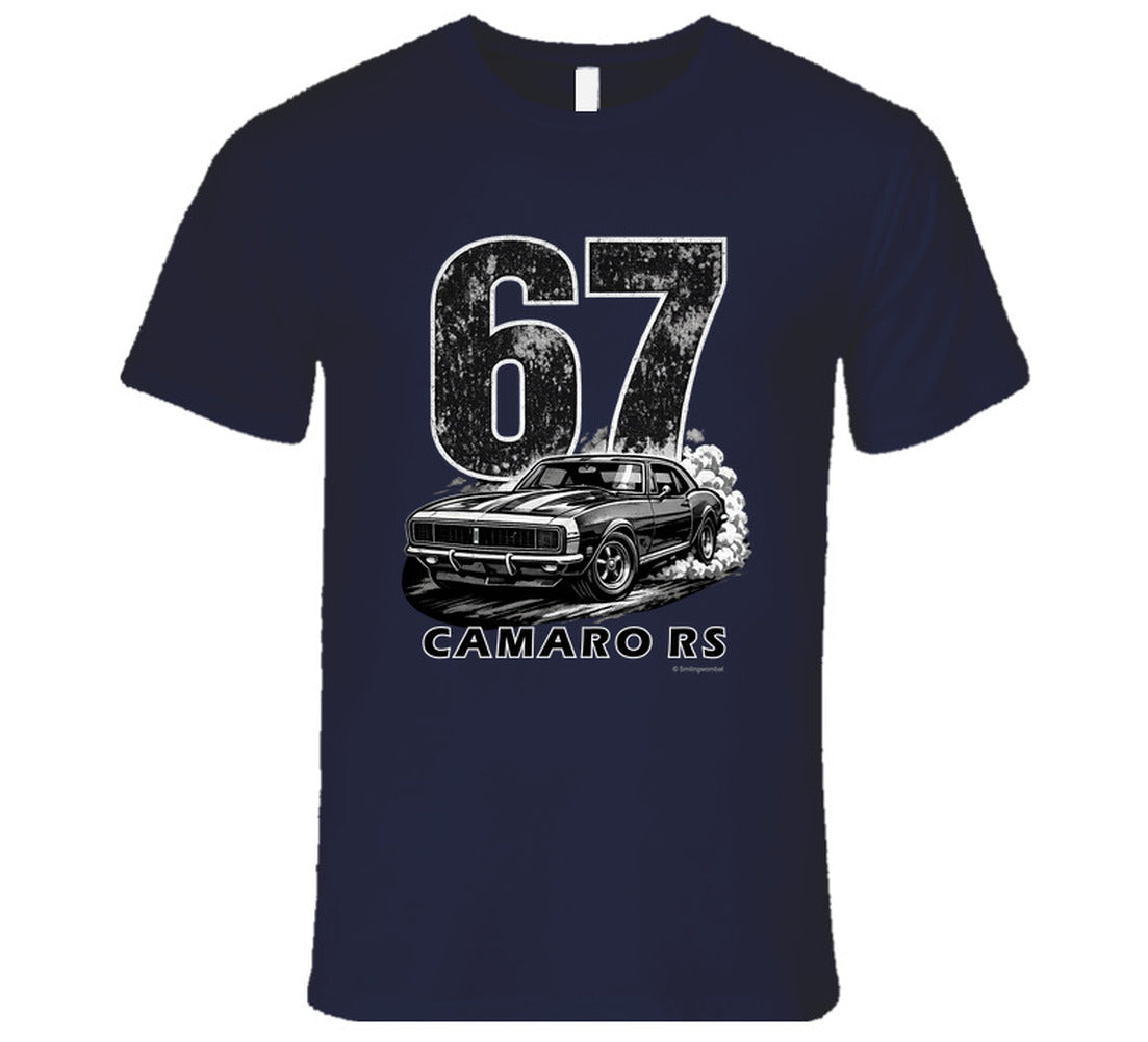 "1967 Camaro RS vintage navy blue t-shirt with distressed graphics - classic car enthusiast apparel"