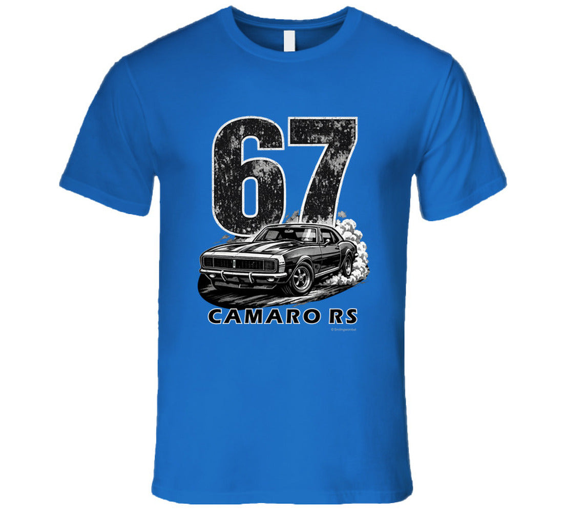  "1967 Camaro RS vintage royal blue t-shirt with distressed graphics - American muscle car shirt"