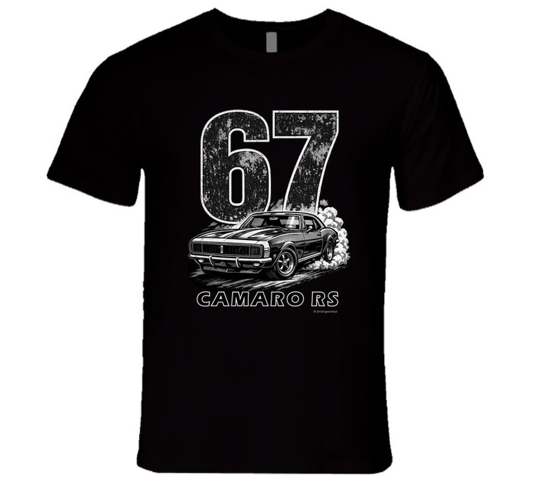 "1967 Camaro RS vintage black t-shirt with distressed graphics - retro muscle car tee"