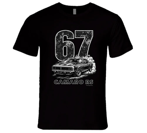 "1967 Camaro RS vintage black t-shirt with distressed graphics - retro muscle car tee"