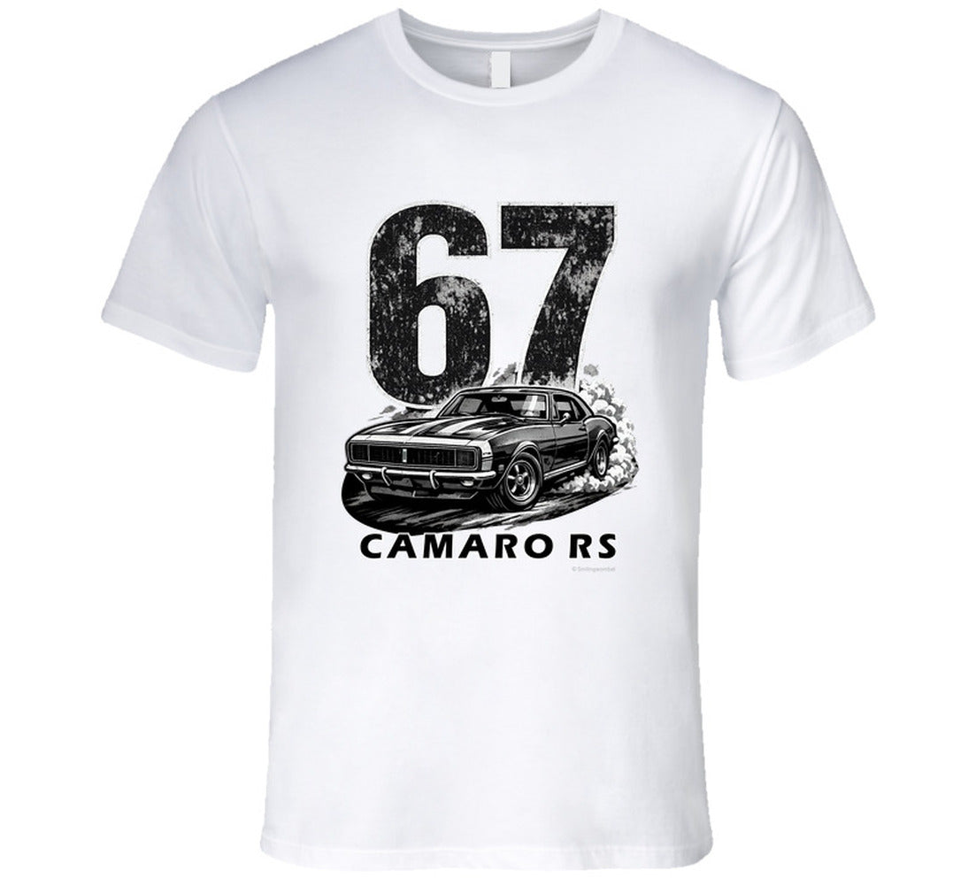 "1967 Camaro RS vintage white t-shirt with distressed black graphics - classic muscle car apparel"