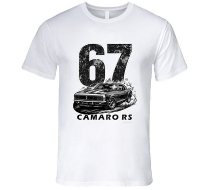 "1967 Camaro RS vintage white t-shirt with distressed black graphics - classic muscle car apparel"