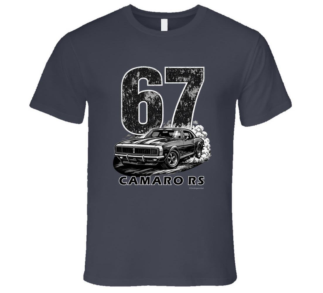 "1967 Camaro RS vintage charcoal grey t-shirt with distressed graphics - retro automotive apparel"