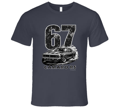 "1967 Camaro RS vintage charcoal grey t-shirt with distressed graphics - retro automotive apparel"
