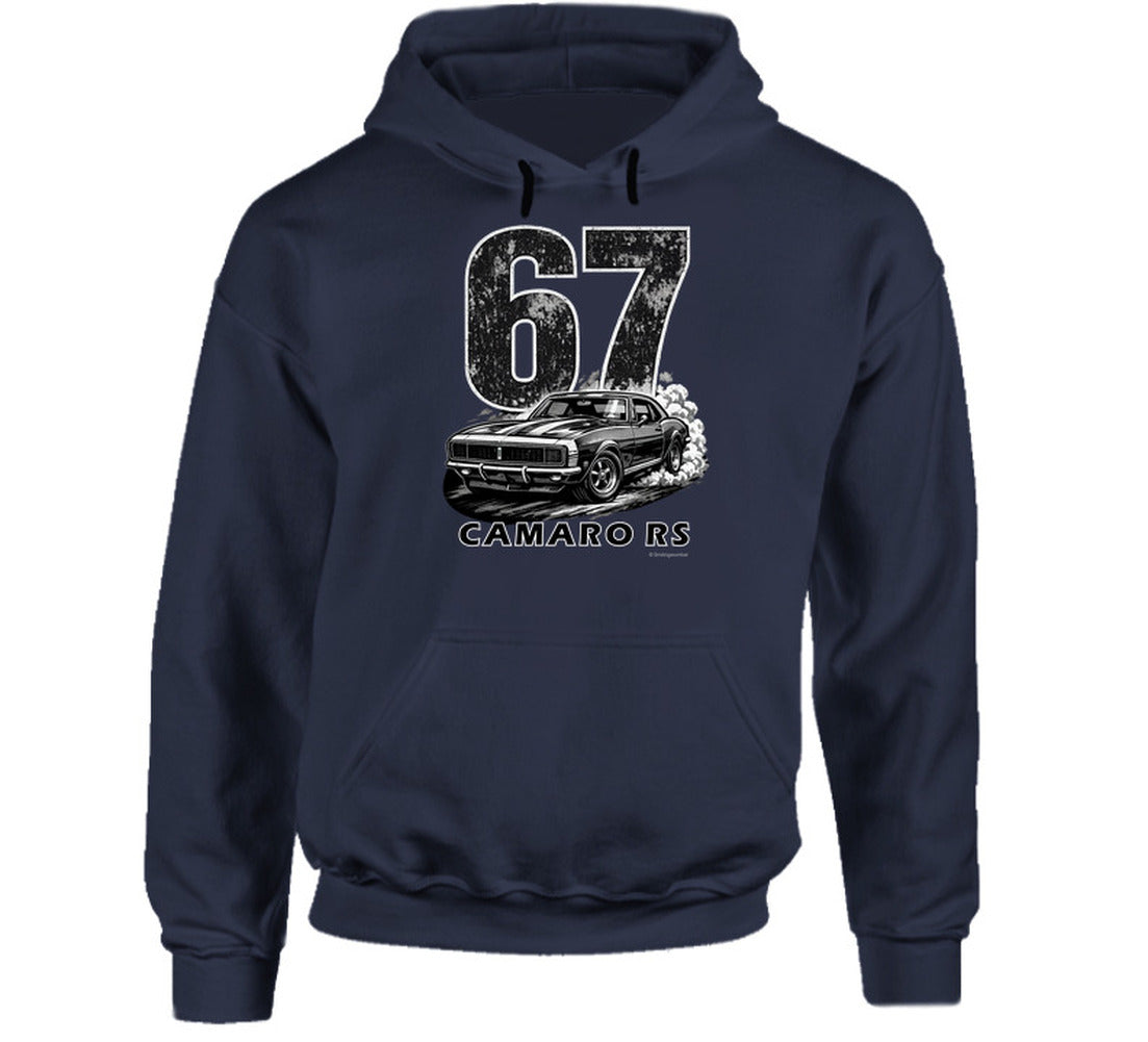 "1967 Camaro RS vintage navy blue hoodie with distressed graphics - classic car enthusiast hoodie"