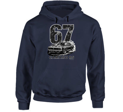 "1967 Camaro RS vintage navy blue hoodie with distressed graphics - classic car enthusiast hoodie"