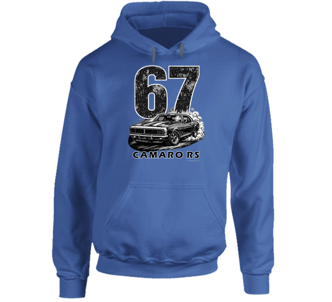  "1967 Camaro RS vintage royal blue hoodie with distressed graphics - American muscle car hooded sweatshirt"