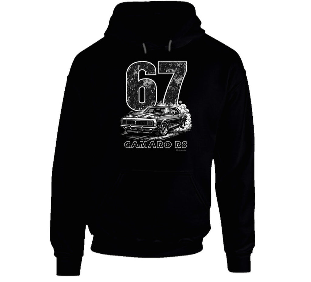  "1967 Camaro RS vintage black hoodie with distressed graphics - retro muscle car hooded pullover"