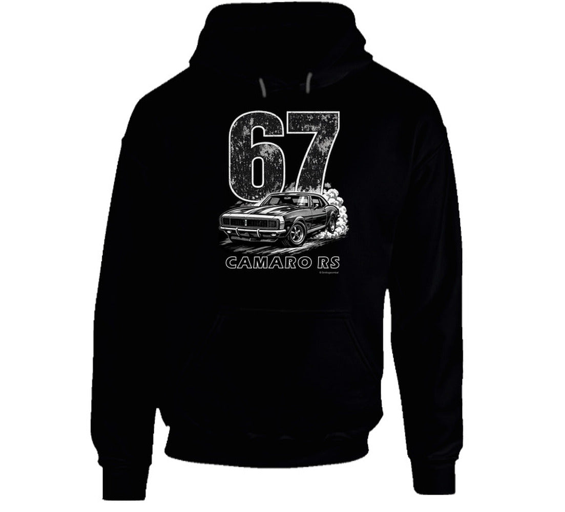  "1967 Camaro RS vintage black hoodie with distressed graphics - retro muscle car hooded pullover"