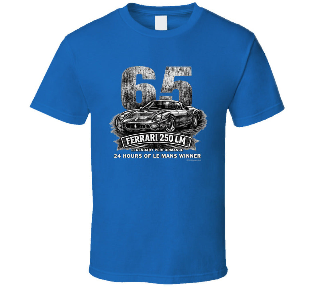 1965 Ferrari 250 LM Le Mans Winner vintage distressed graphic T-shirt in royal blue