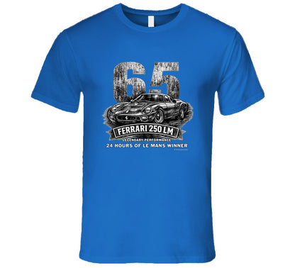 1965 Ferrari 250 LM Le Mans Winner vintage distressed graphic T-shirt in royal blue