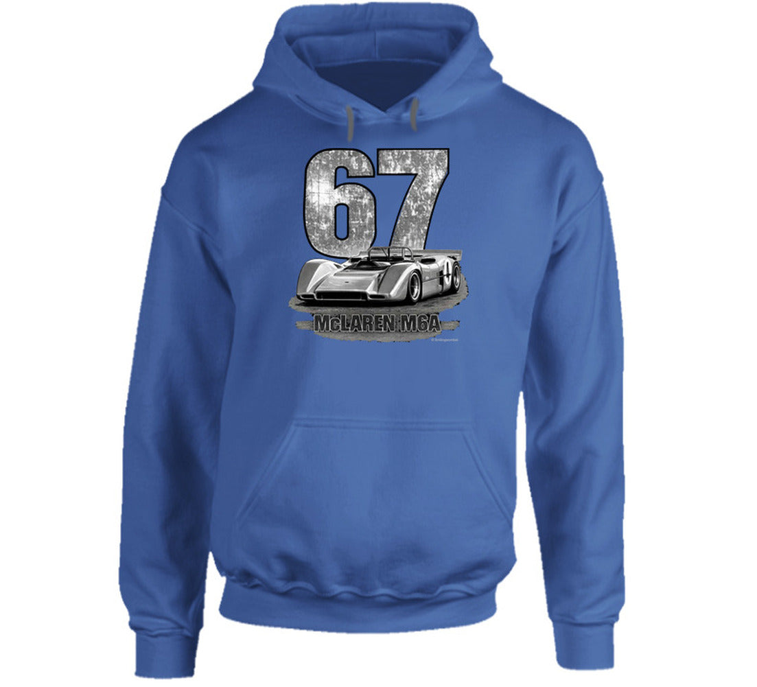 1967 McLaren M6A Can-Am vintage distressed graphic hoodie in royal blue