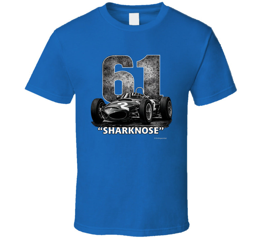 1961 Ferrari Sharknose F1 Phil Hill Champion vintage distressed graphic t-shirt in royal blue