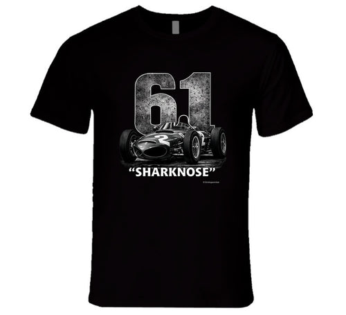 1961 Ferrari Sharknose F1 Phil Hill Champion vintage distressed graphic t-shirt in black