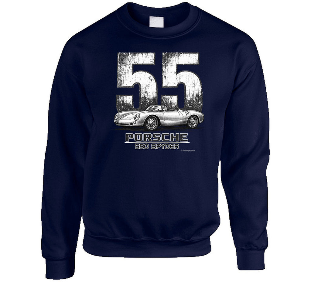 Classic automotive racing crewneck sweatshirt with Porsche 550 Spyder design in navy