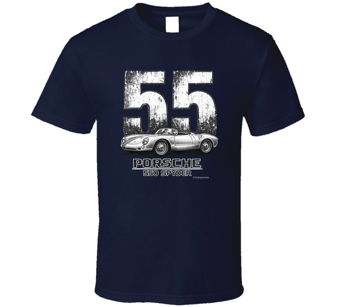 Vintage 1955 Porsche 550 Spyder automotive graphic t-shirt in navy blue