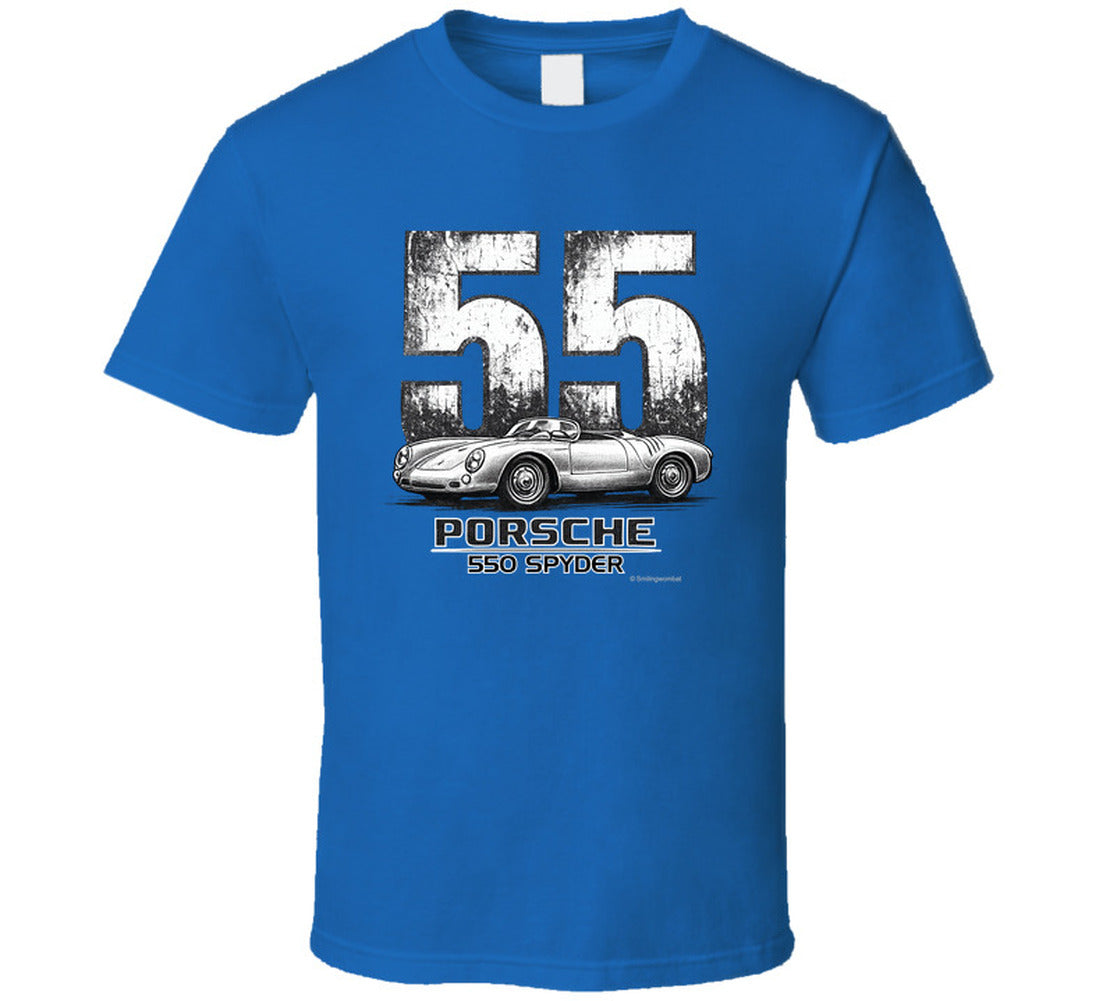 Classic car racing graphic tee featuring Porsche 550 Spyder in royal blue