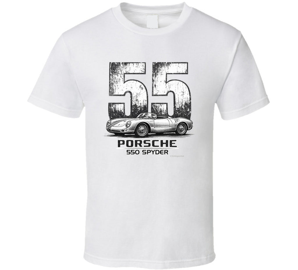 1955 Porsche 550 Spyder distressed vintage racing graphic on a white t-shirt