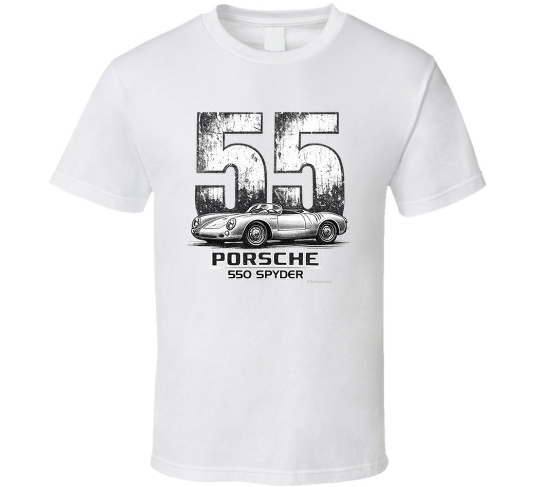 1955 Porsche 550 Spyder distressed vintage racing graphic on a white t-shirt