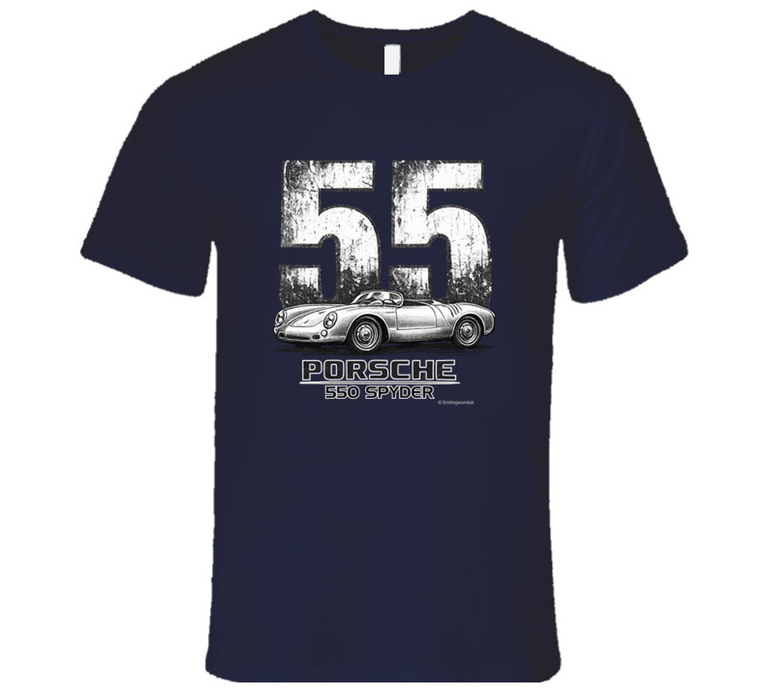Vintage 1955 Porsche 550 Spyder automotive graphic t-shirt in navy blue