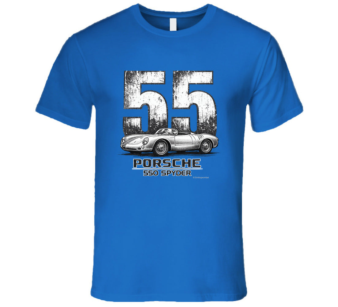 Classic car racing graphic tee featuring Porsche 550 Spyder in royal blue