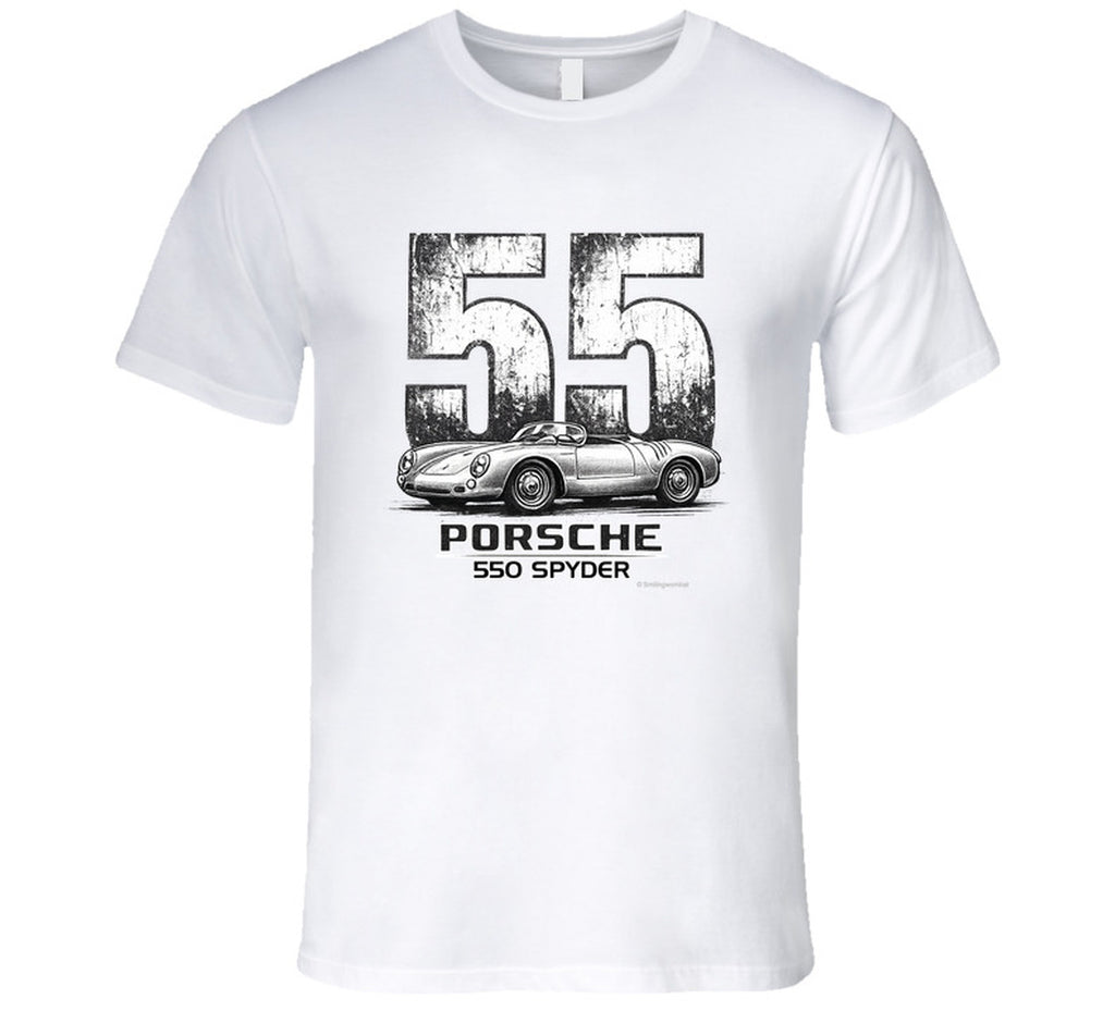 1955 Porsche 550 Spyder distressed vintage racing graphic on a white t-shirt