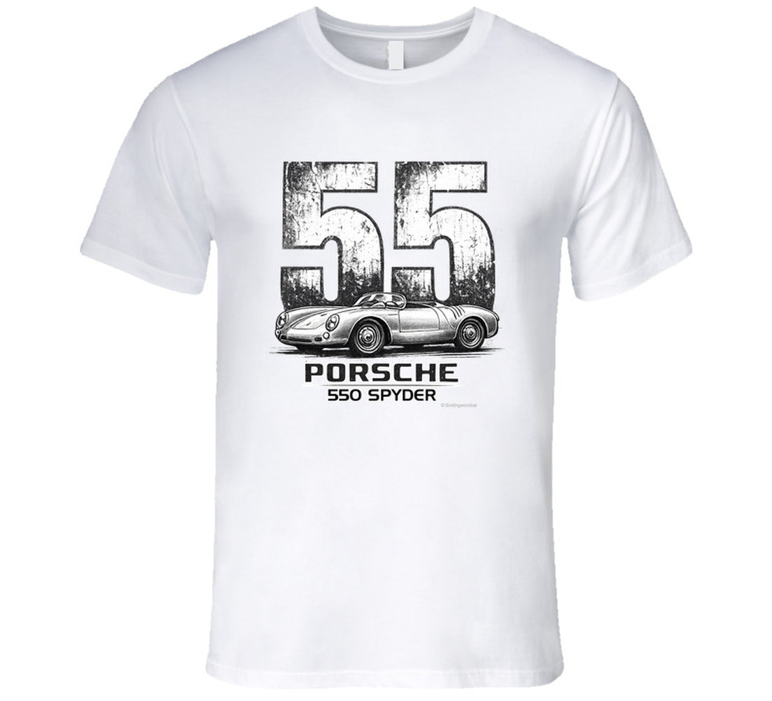1955 Porsche 550 Spyder distressed vintage racing graphic on a white t-shirt