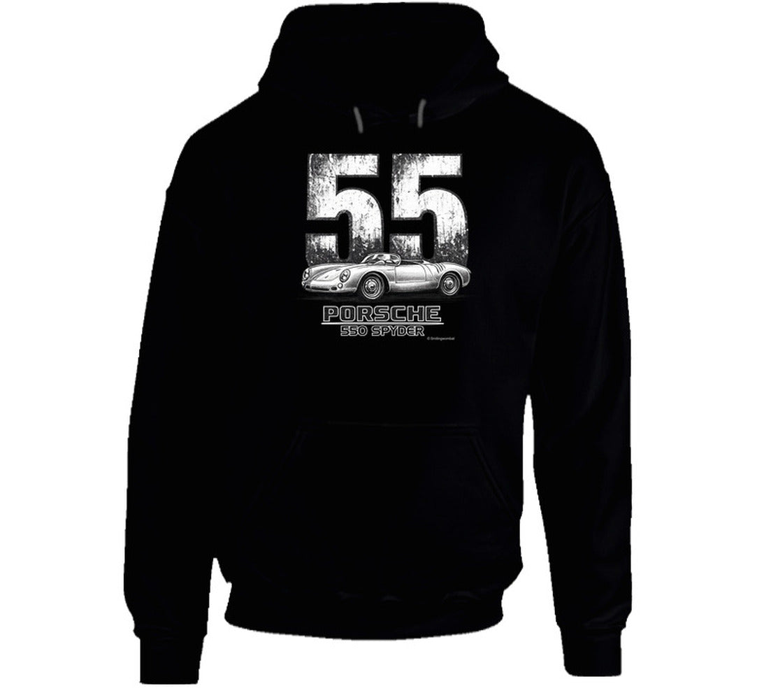 Porsche 550 Spyder bold distressed race design pullover hoodie in black