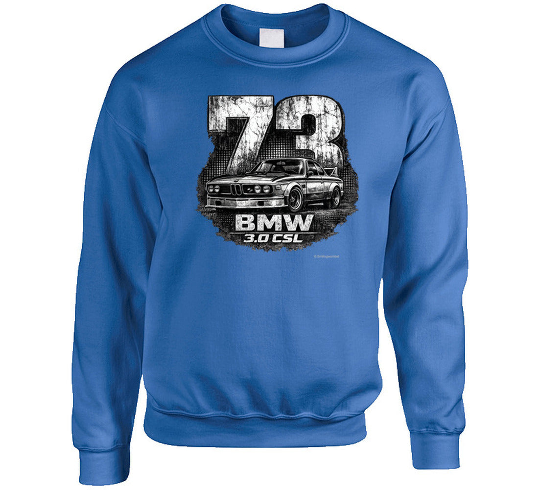 1973 BMW 3.0 CSL distressed vintage racing graphic sweatshirt in royal blue
