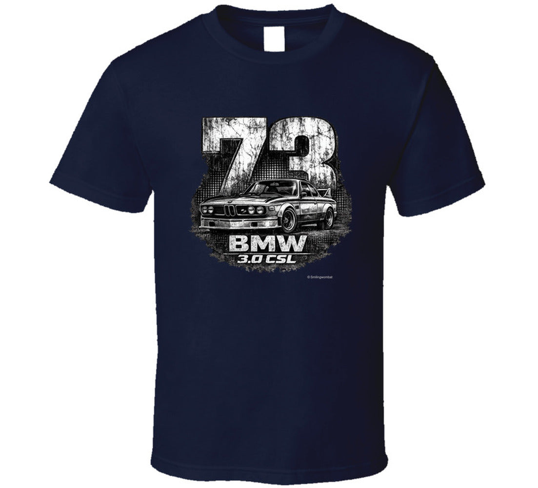 1973 BMW 3.0 CSL distressed vintage racing graphic t-shirt in navy